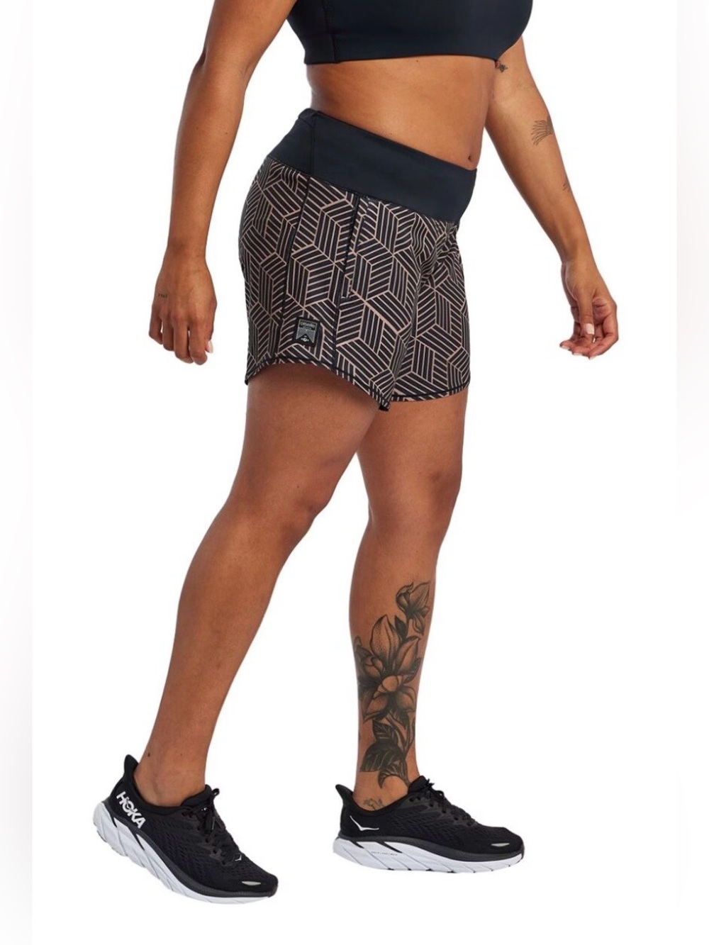 Oiselle Long Roga Shorts 14 Activewear Gym Black Tan Geo Print 6"